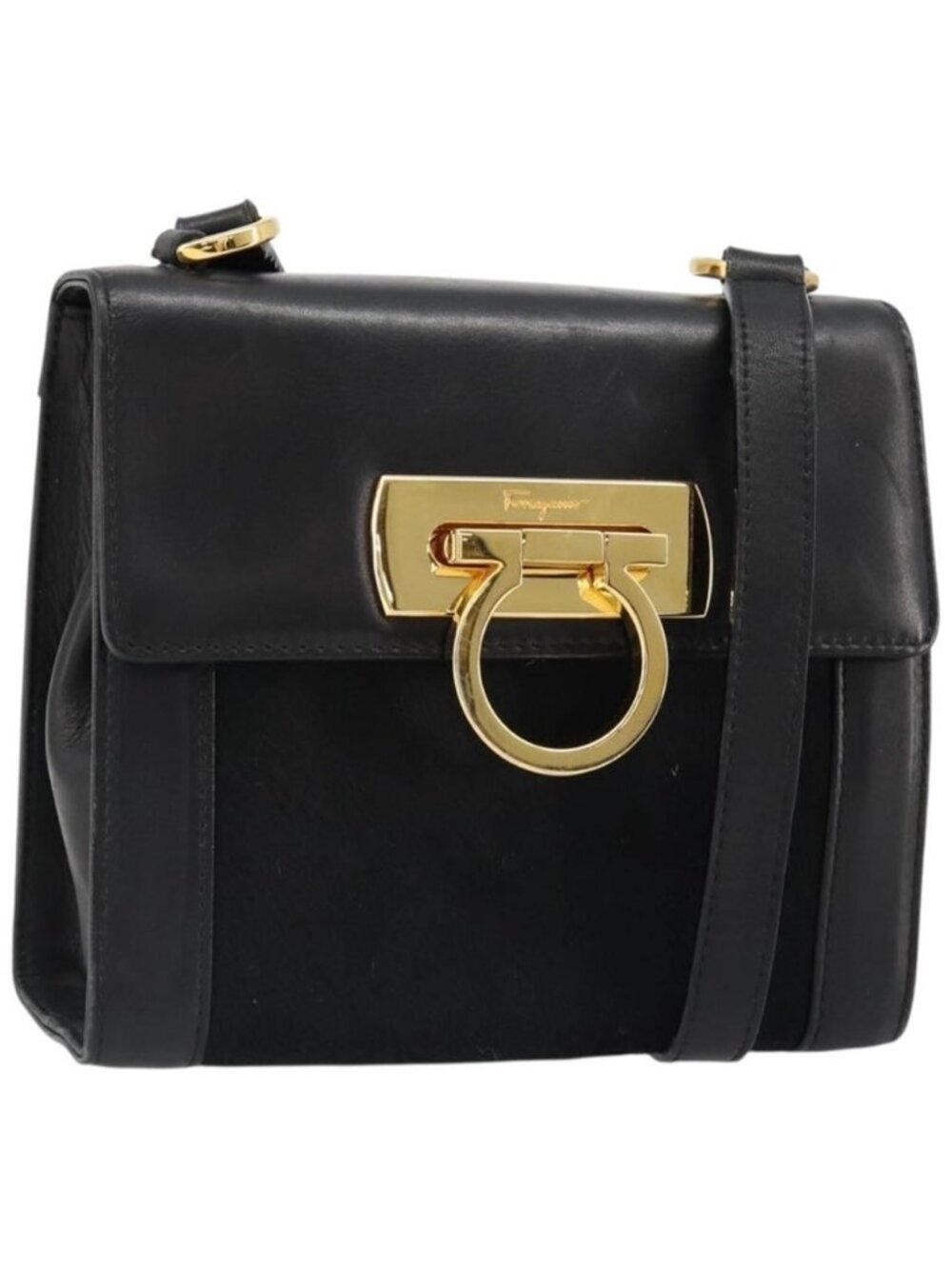 Authentic Salvatore Ferragamo Gancini Shoulder Bag Harako leather Black Gold